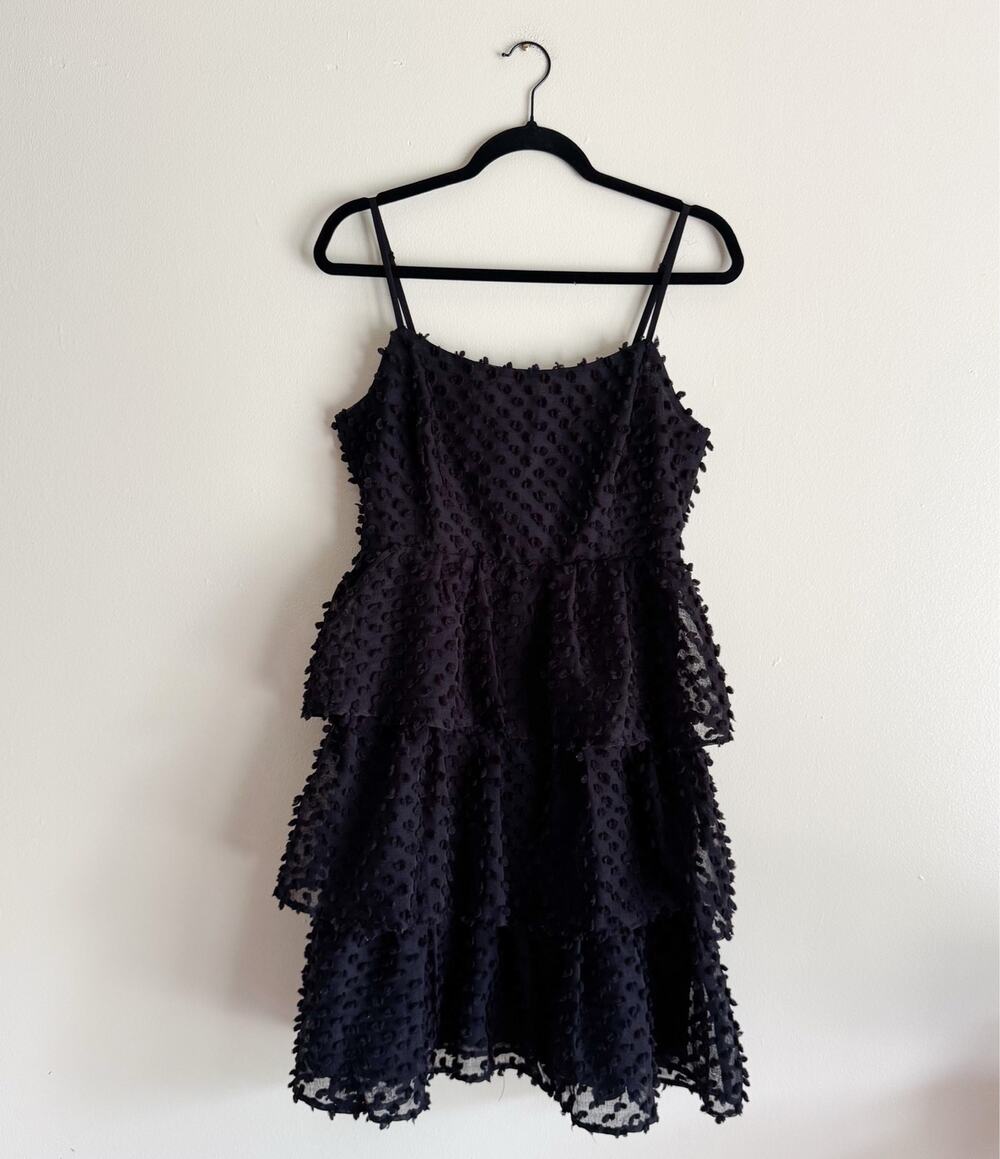 Lulus Black Tiered Textured Polka Dot Spaghetti Strap Mini Dress Medium